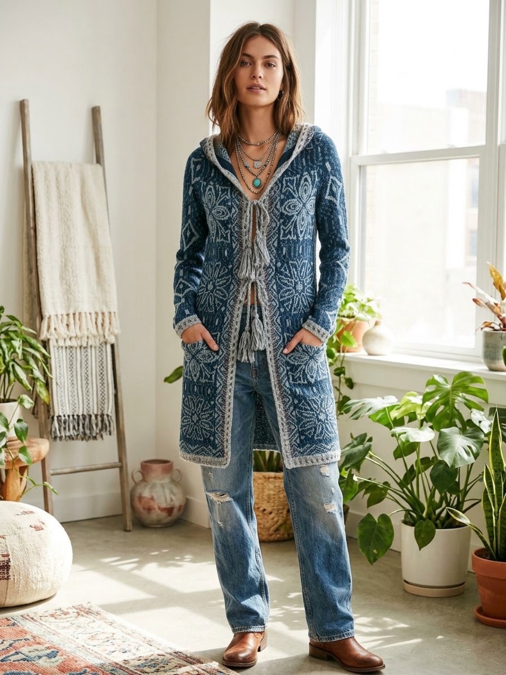 Free People Kai Pom Hooded Bohemian Wool Blend Cardigan , XS